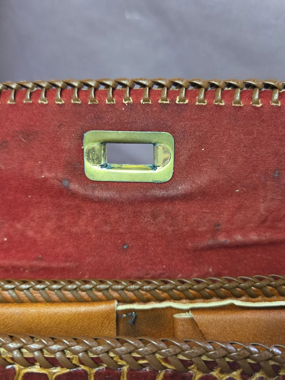 VINTAGE Croc-Embossed Brown Leather Clutch with Yellow Accent
